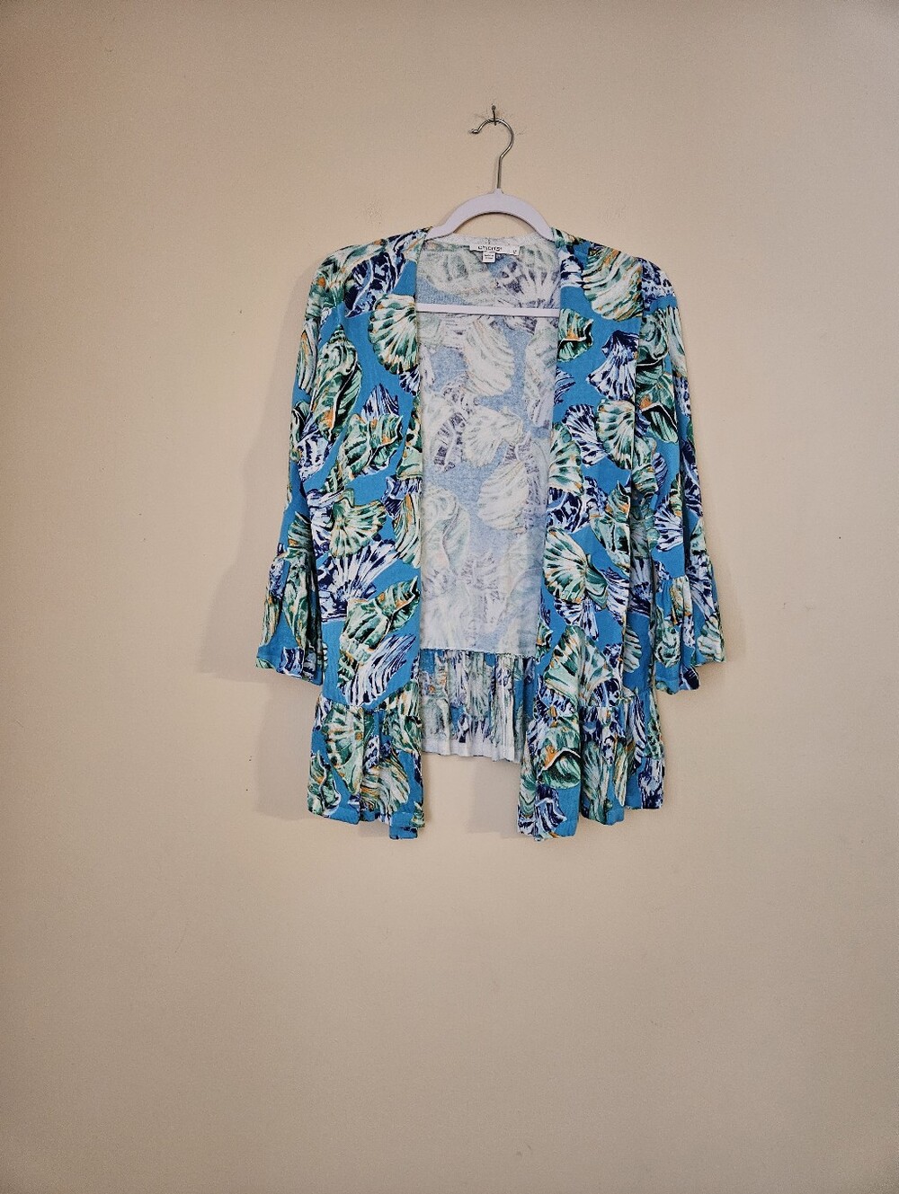 Chico's Blue & Green Watercolor Open Cardigan, Size Medium